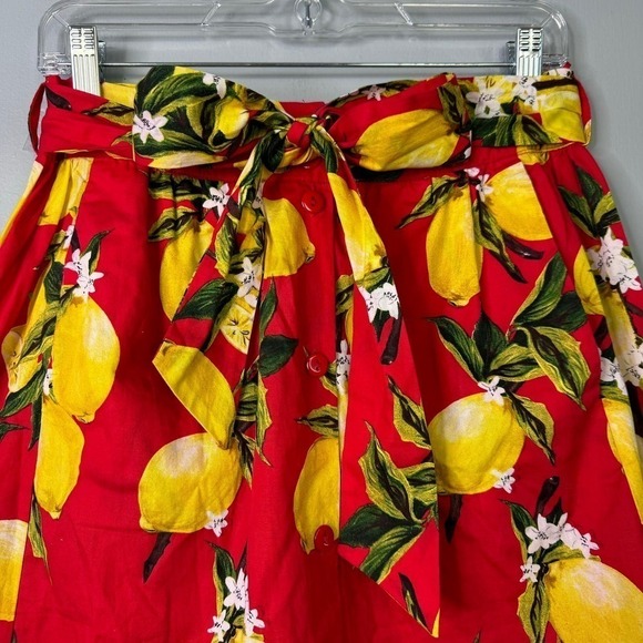 Lulumari Tie Belted Red Lemon Print Button Front Mini Skirt Women's Sz M Pockets - Picture 7 of 12